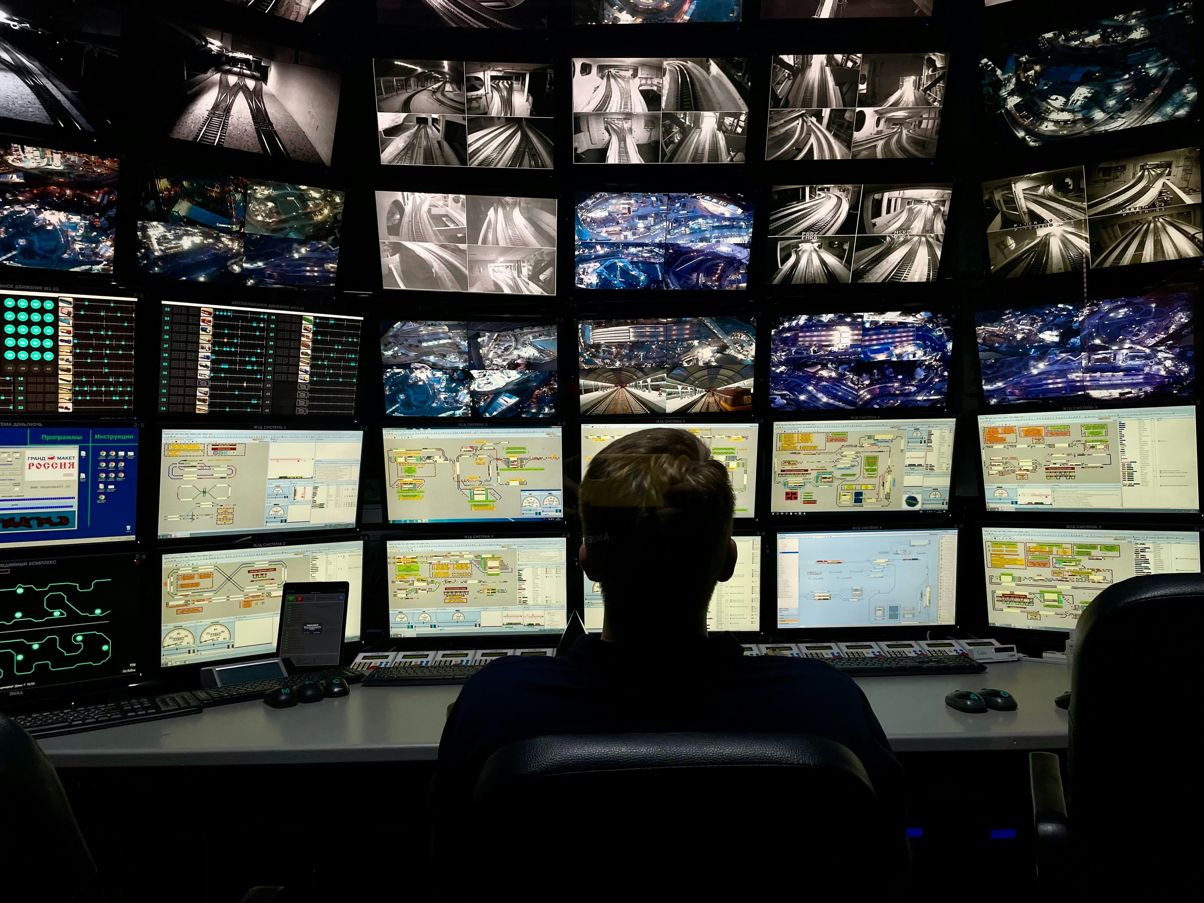 Unotel Security operator monitoring a bank of live security camera feeds